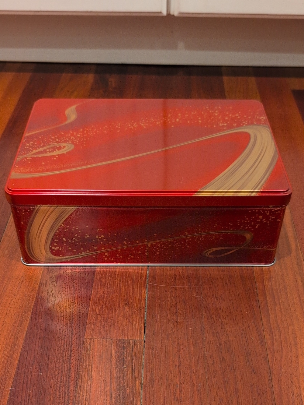 Large Red Rectangular Decorative Storage Tin Canister with Gold Swirl